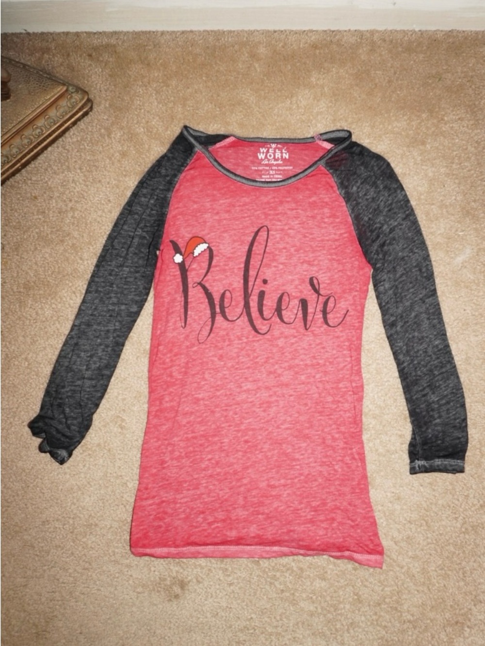 Well Worn 'Believe' Raglan Long Sleeve Tee - Red & Charcoal
